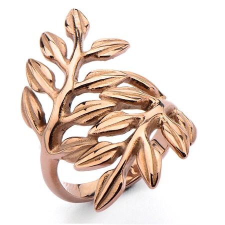 Stainless Steel Rose Gold Plated Leaf Wrap-around Ring - Click Image to Close